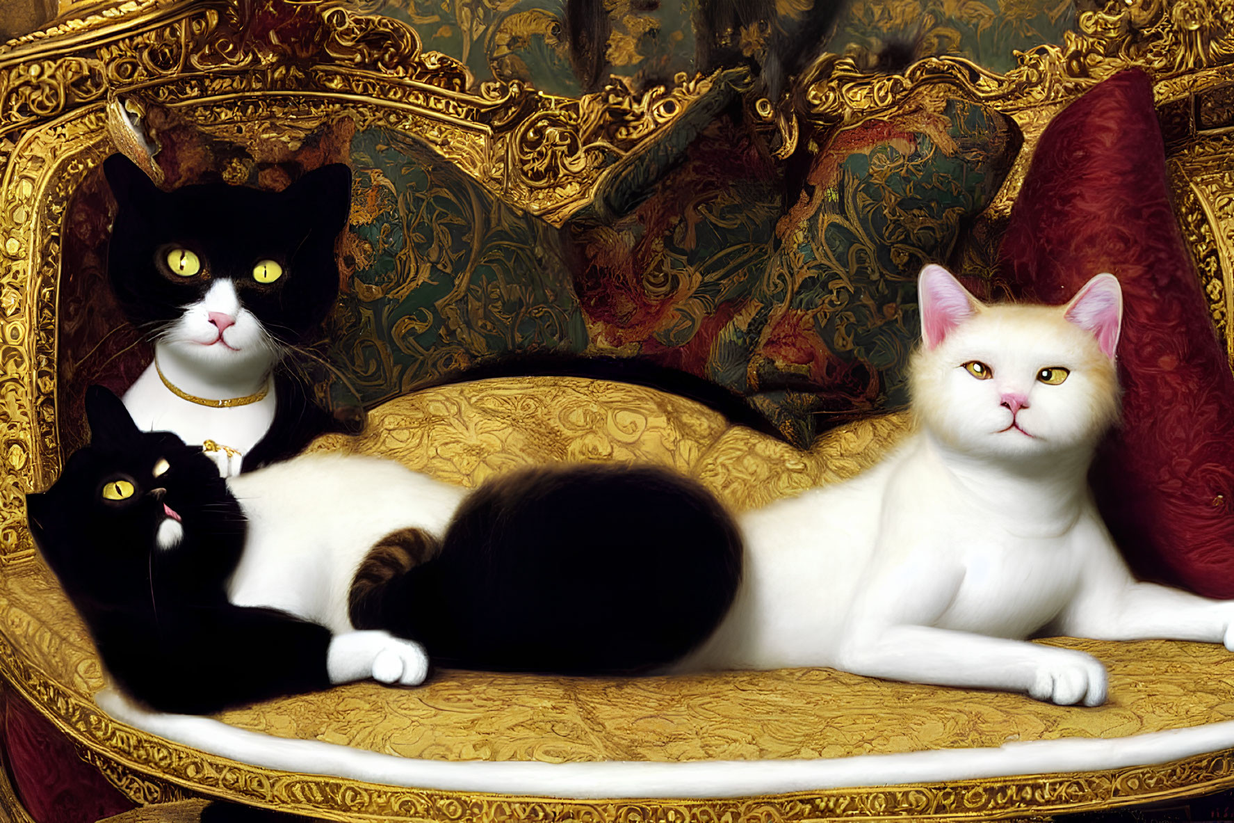 Three Cats Relaxing on Elegant Sofa: Black, White, & Black with White Markings