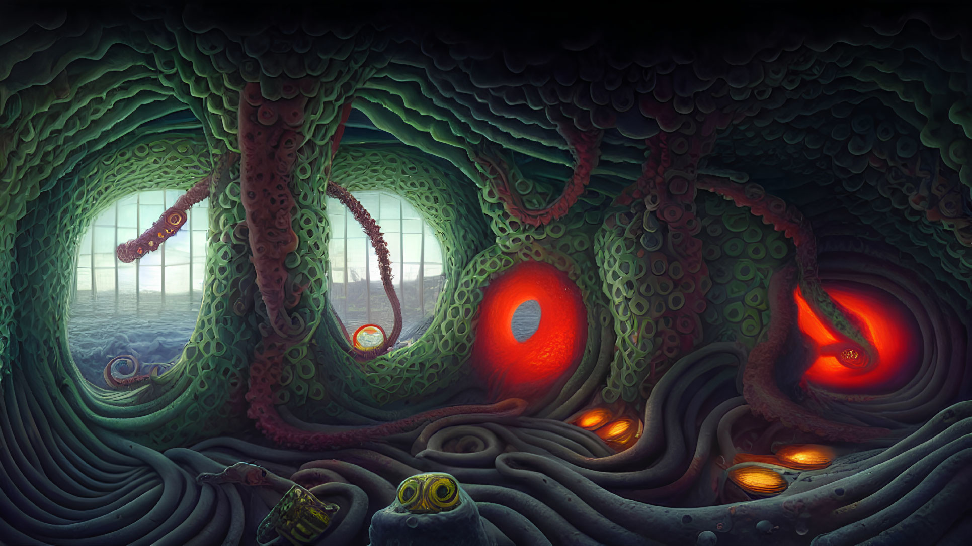 Surreal cavern with green tentacles and glowing red passages