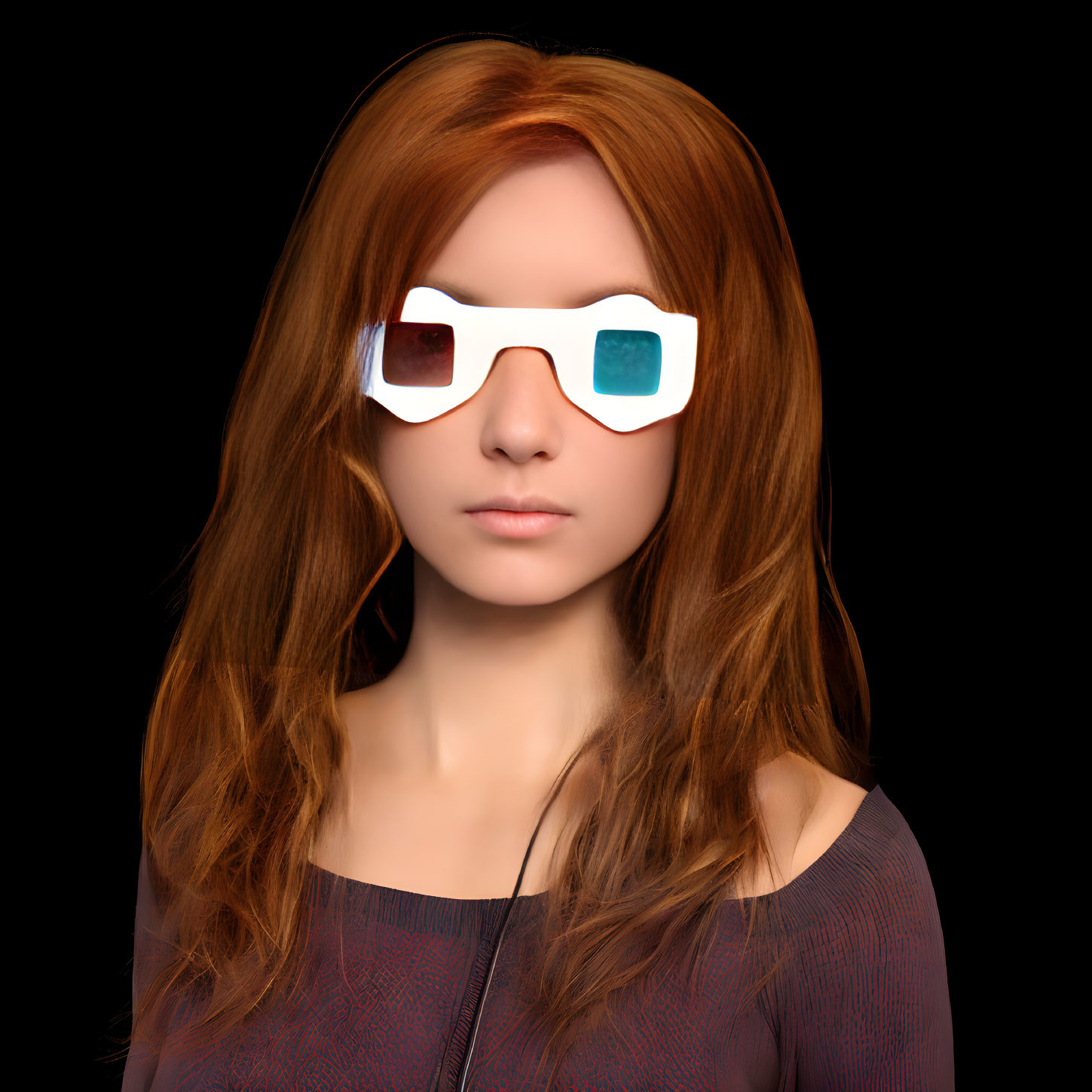 Auburn-Haired Woman in White Futuristic Sunglasses on Black Background