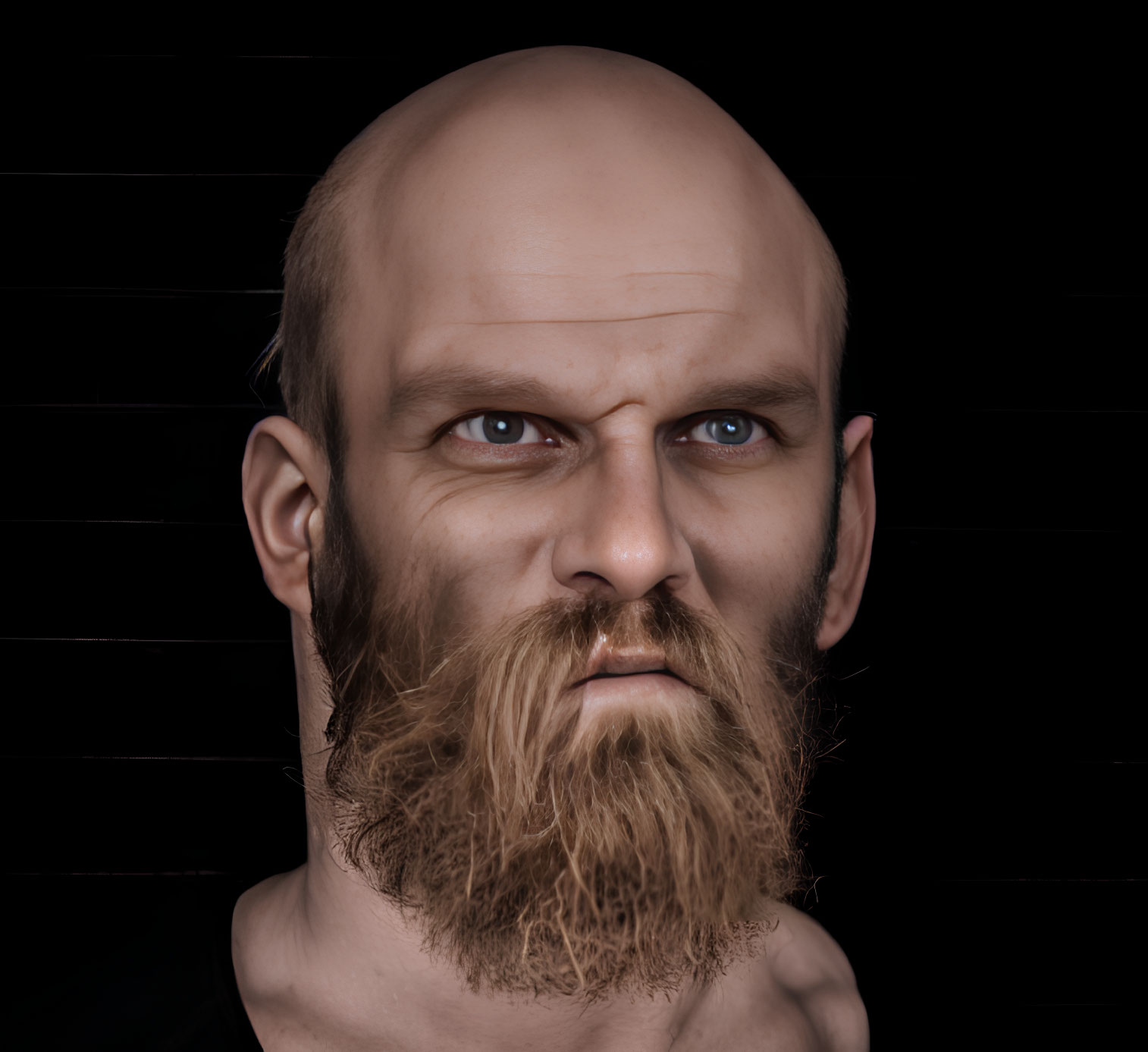 Intense bald man with unkempt beard and stern expression