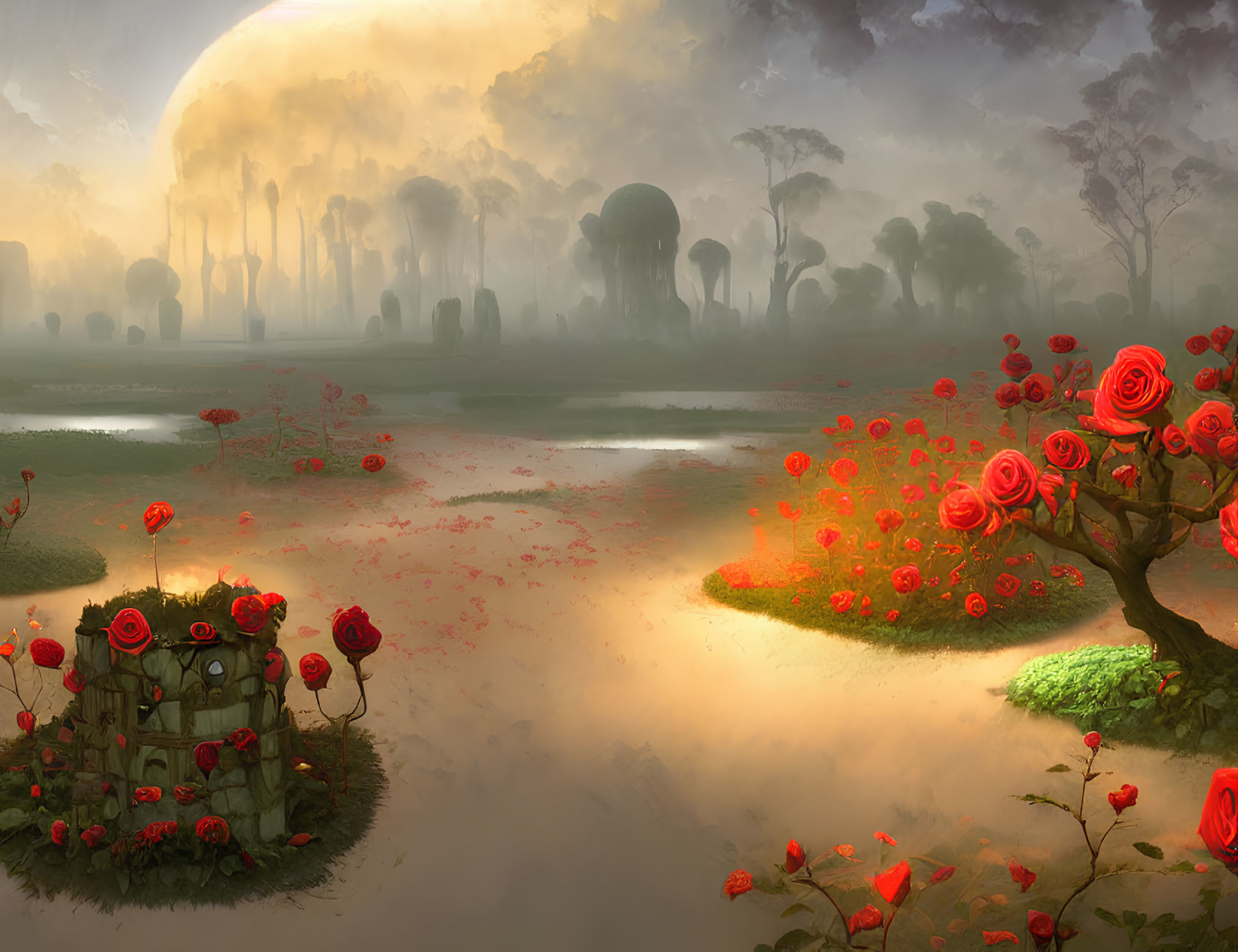 Fantastical landscape with glowing sunset and oversized red roses