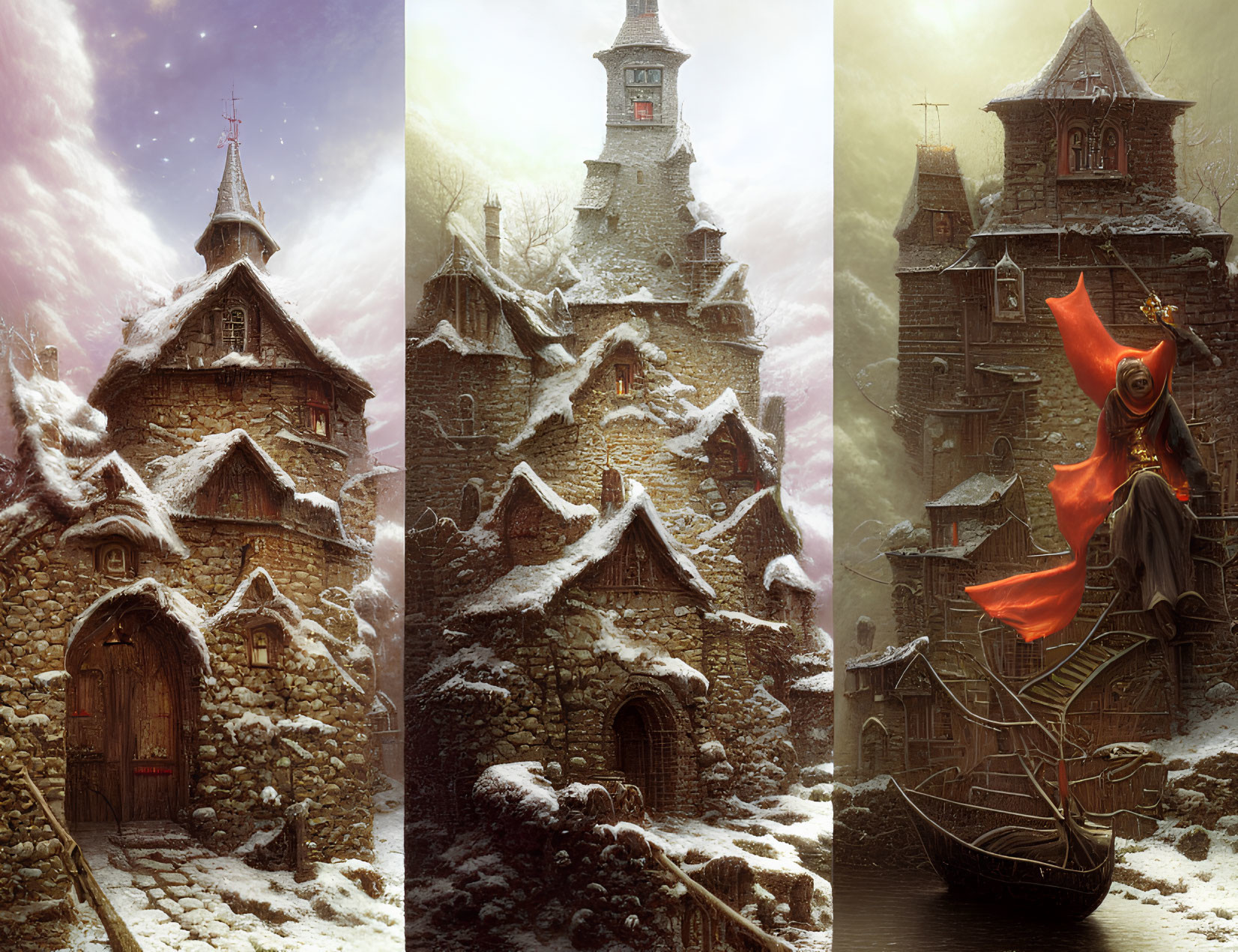 Snow-covered medieval cottage, towering castle, woman in red cloak boarding boat