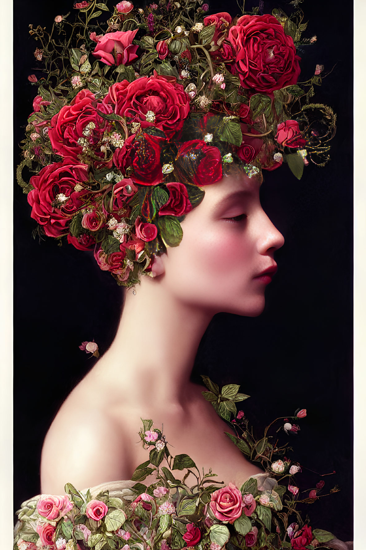 Profile portrait with red rose headdress on dark background