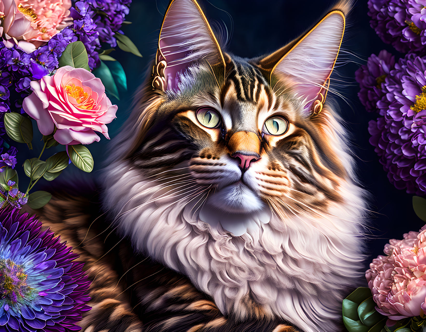 Majestic Maine Coon Cat Among Vibrant Flowers