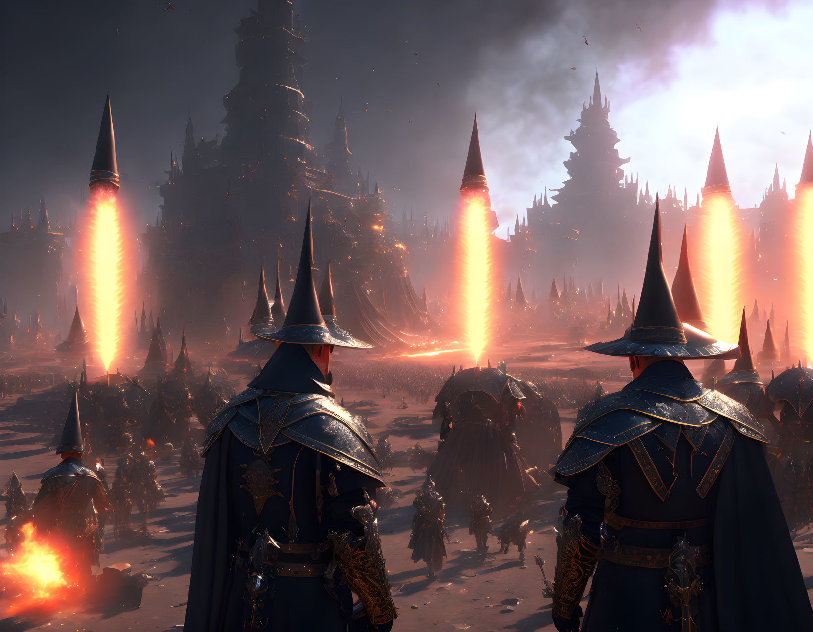 Fantasy artwork of cloaked figures observing battle scene with fiery pillars and dark tower