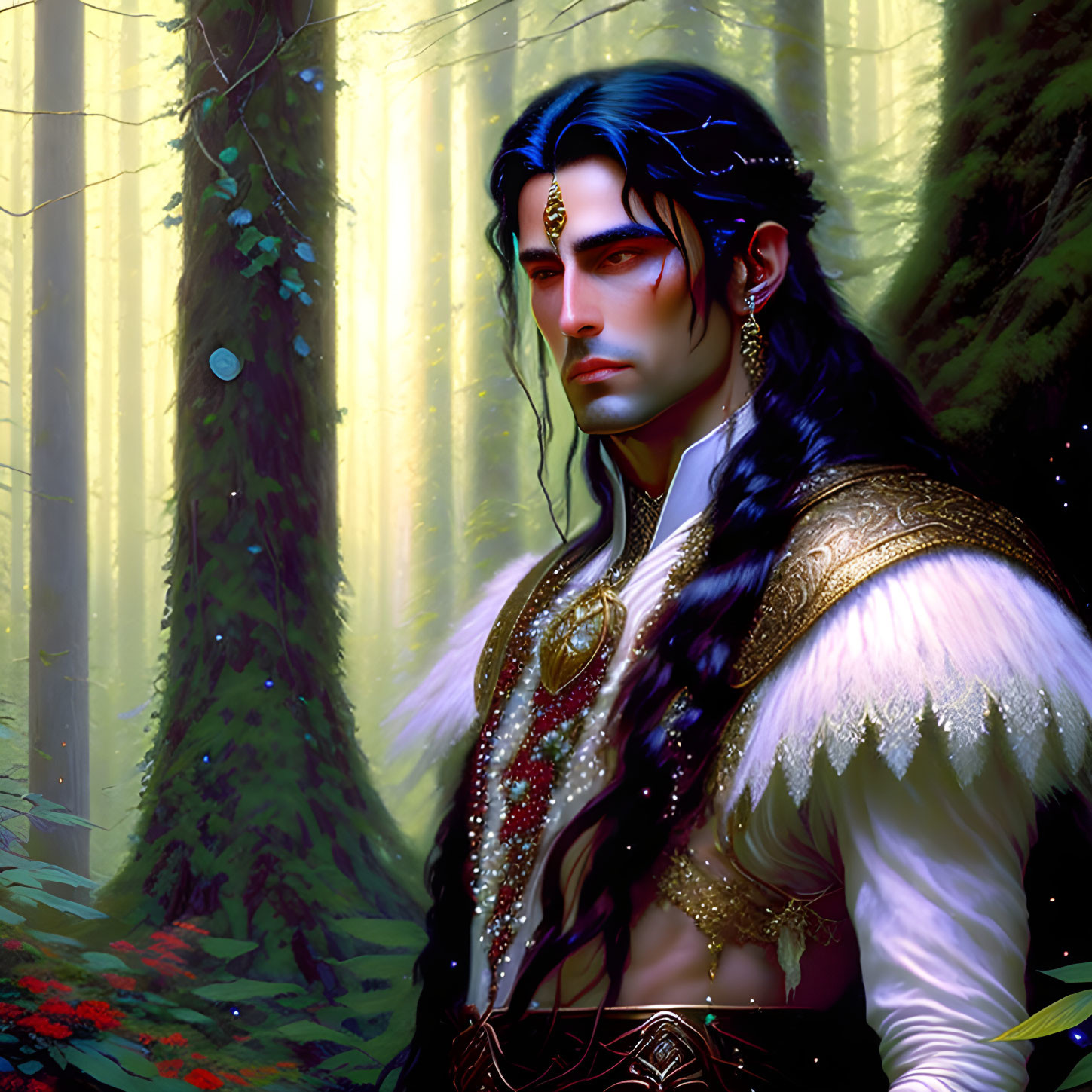 Male elf illustration with dark hair and regal attire in mystical forest