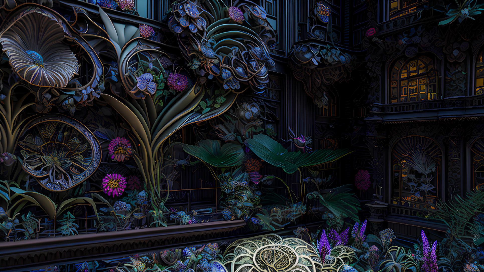 Fantasy garden at night with vibrant flowers and gothic architecture.