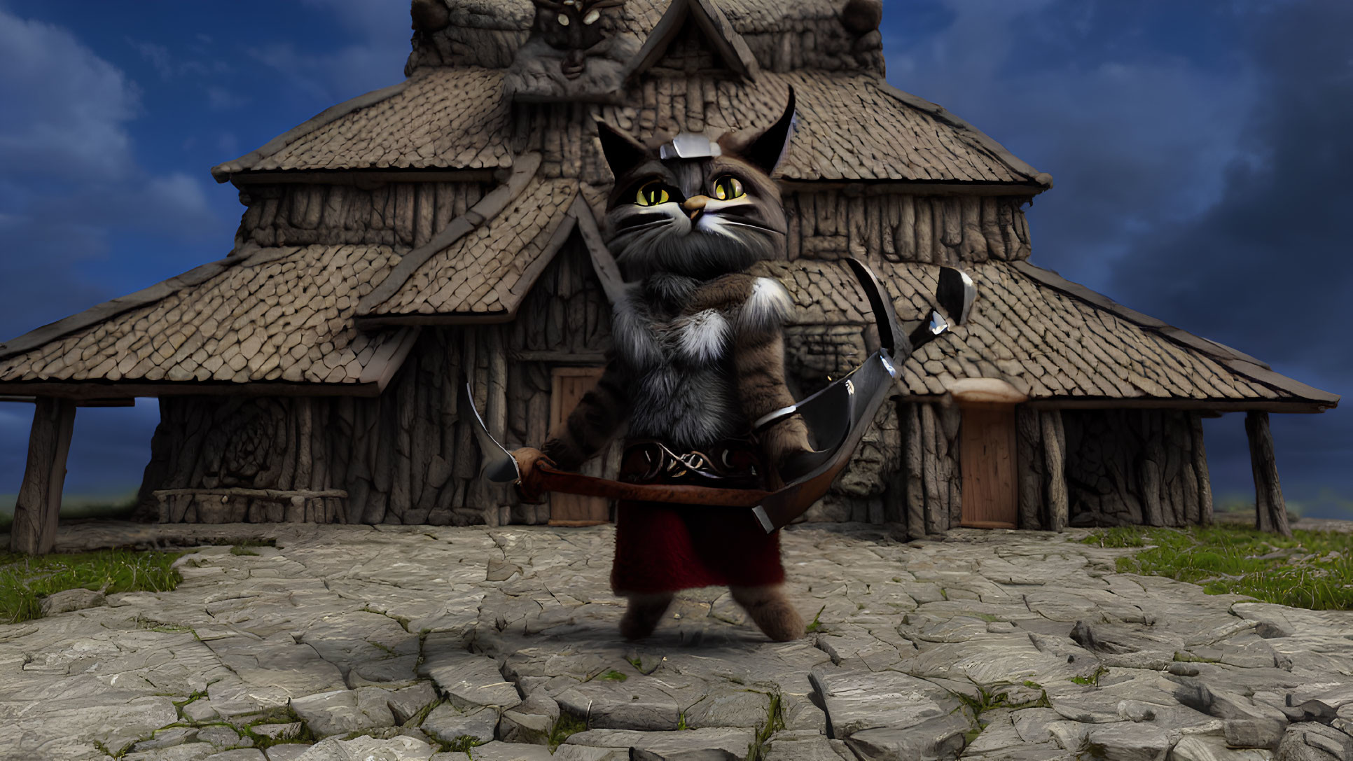 Animated cat warrior with bow in front of medieval hut under cloudy sky