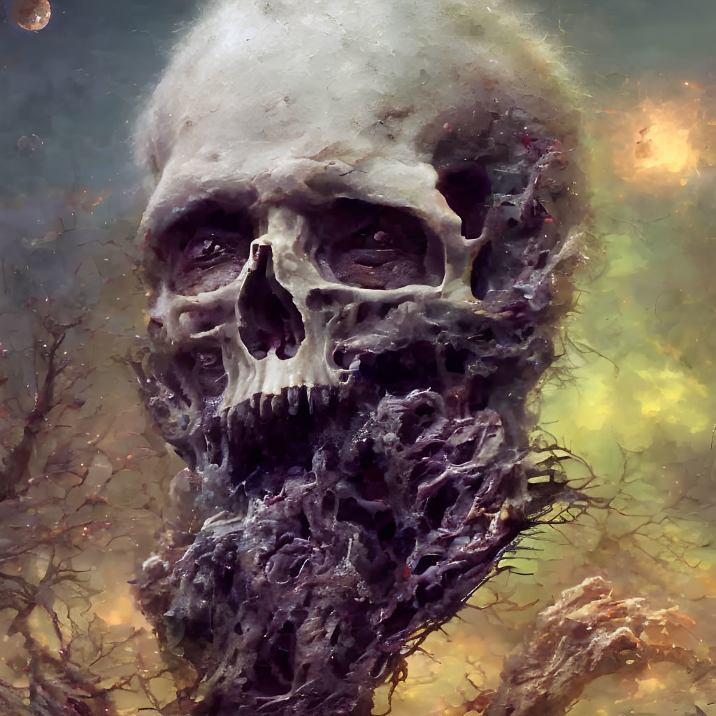 Detailed grotesque skull with decaying flesh and exposed bone on eerie blurry background.