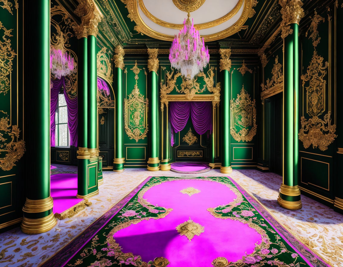 Luxurious Green and Gold Room with Purple Accents