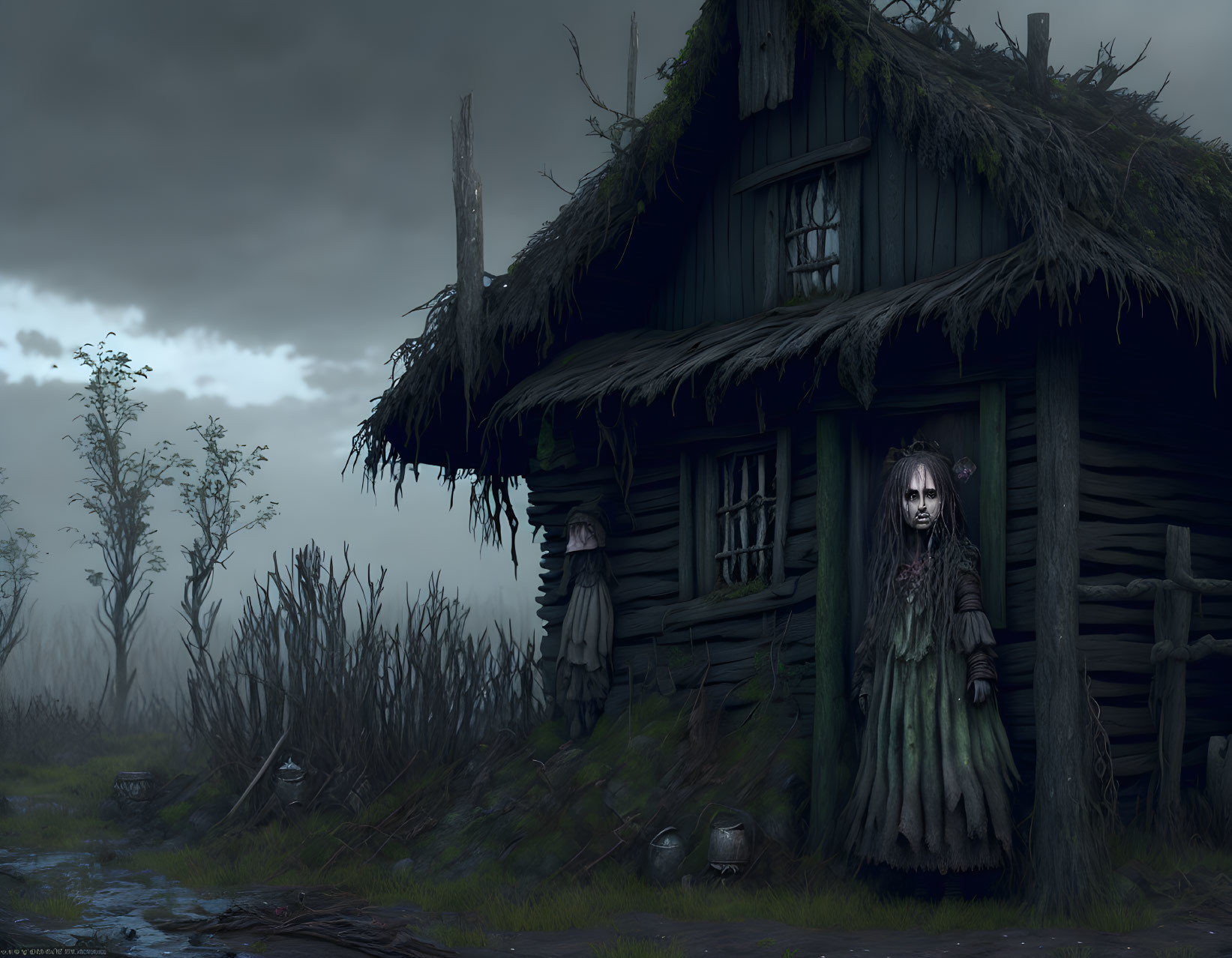 Desolate wooden hut in misty swamp with ghostly girl.