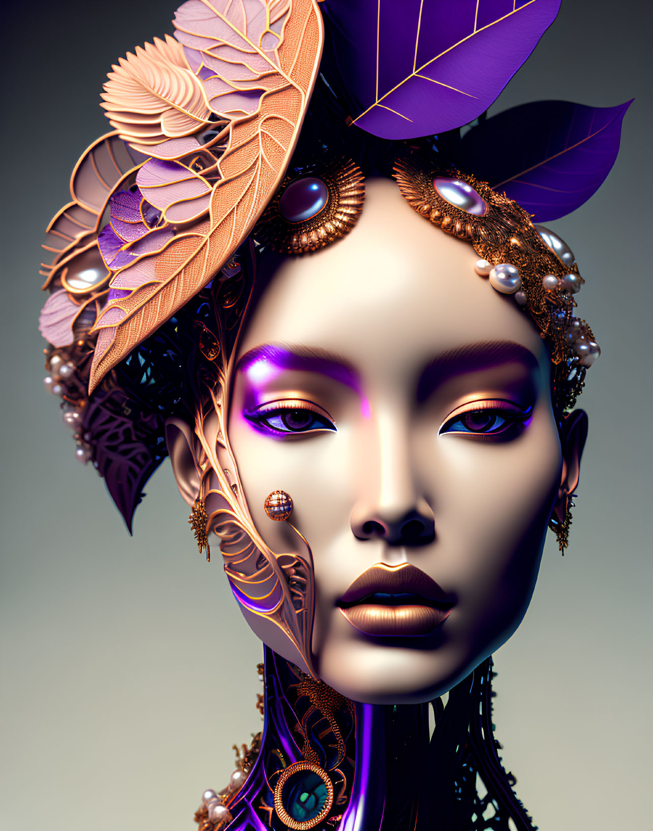 Digital art portrait of woman with metallic-gold makeup, pearls, purple highlights, and ornate head