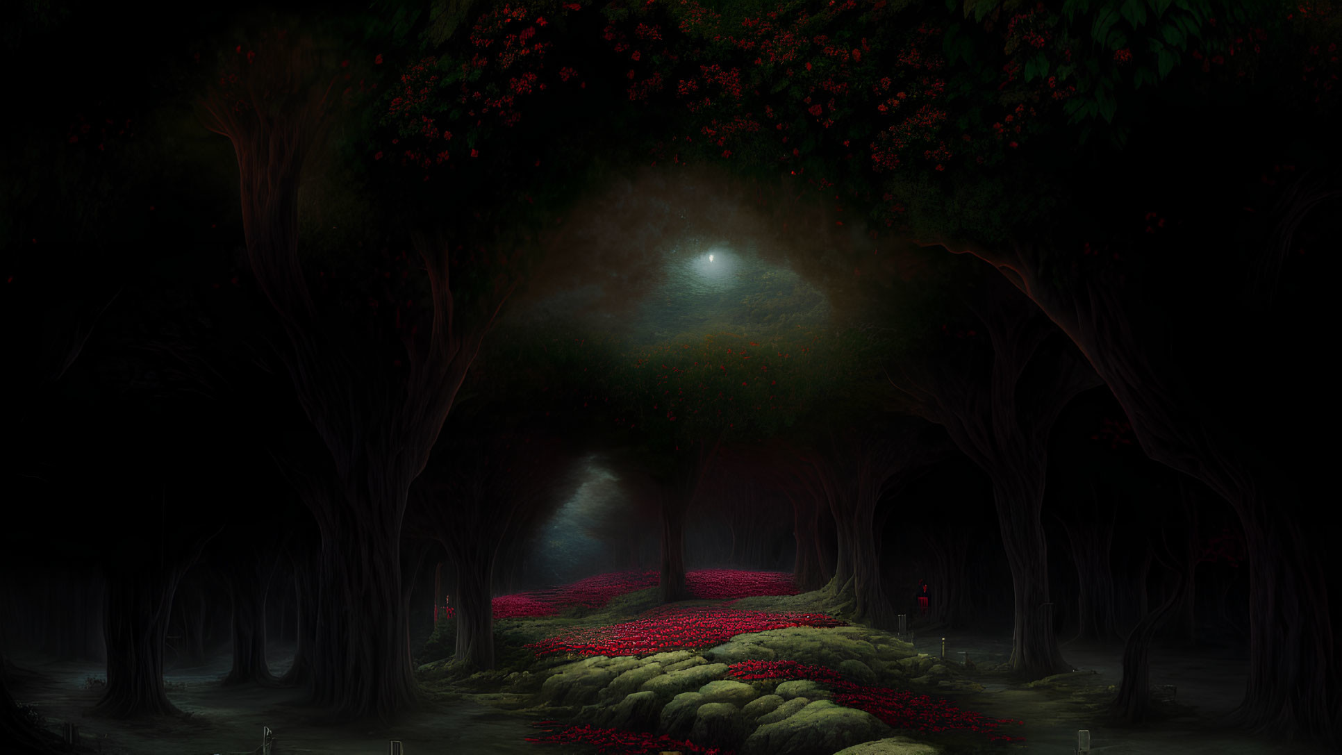 Moonlit mystical forest with overhanging trees and red flowers casting ethereal shadows