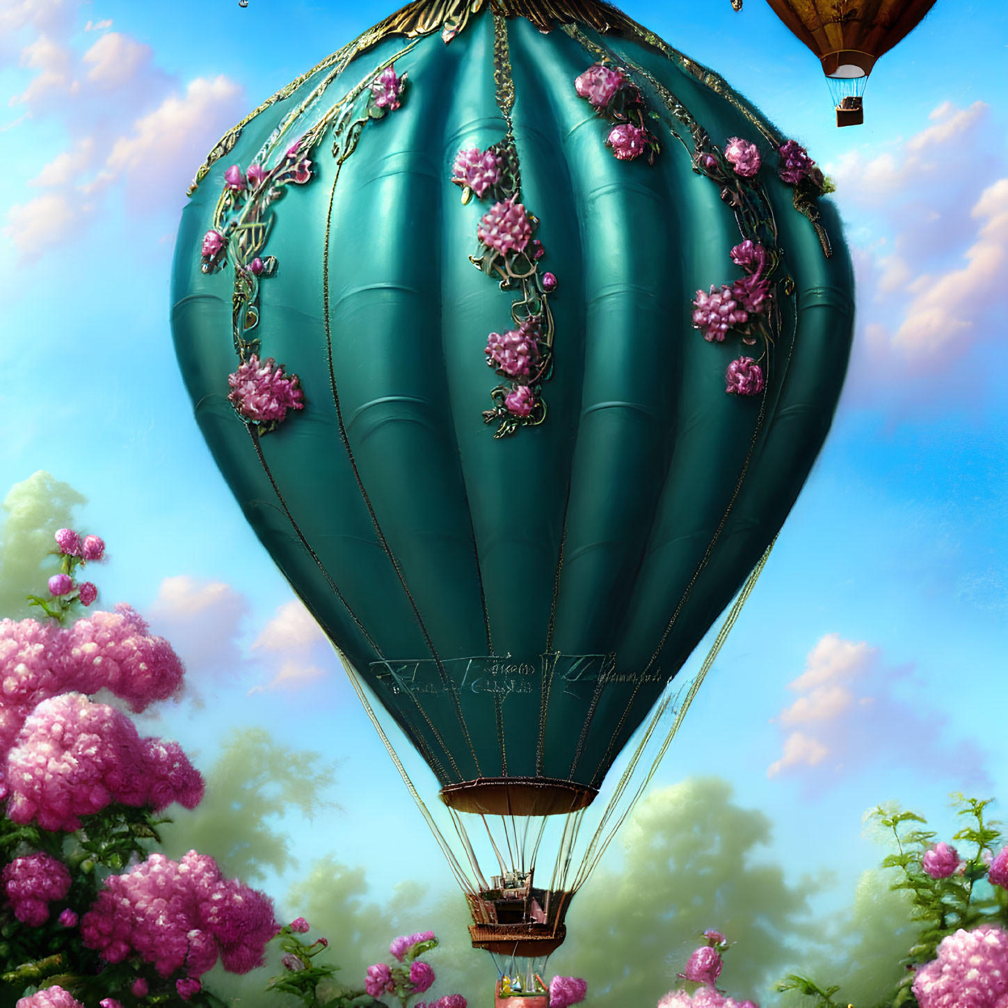 Colorful hot air balloon with pink flowers in blue sky and pink clouds