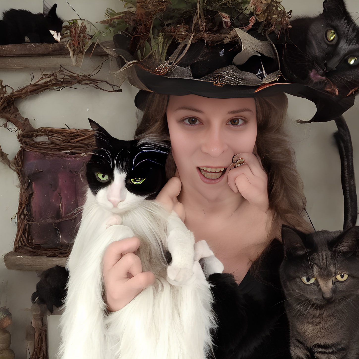 Woman in Witch's Hat with Black Cat Surrounded by Others on Shelves