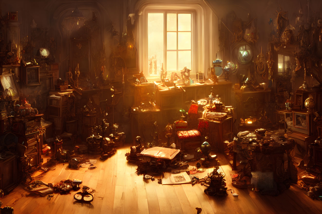 Cluttered room with magical artifacts, potion bottles, books, and mysterious objects in warm sunlight.