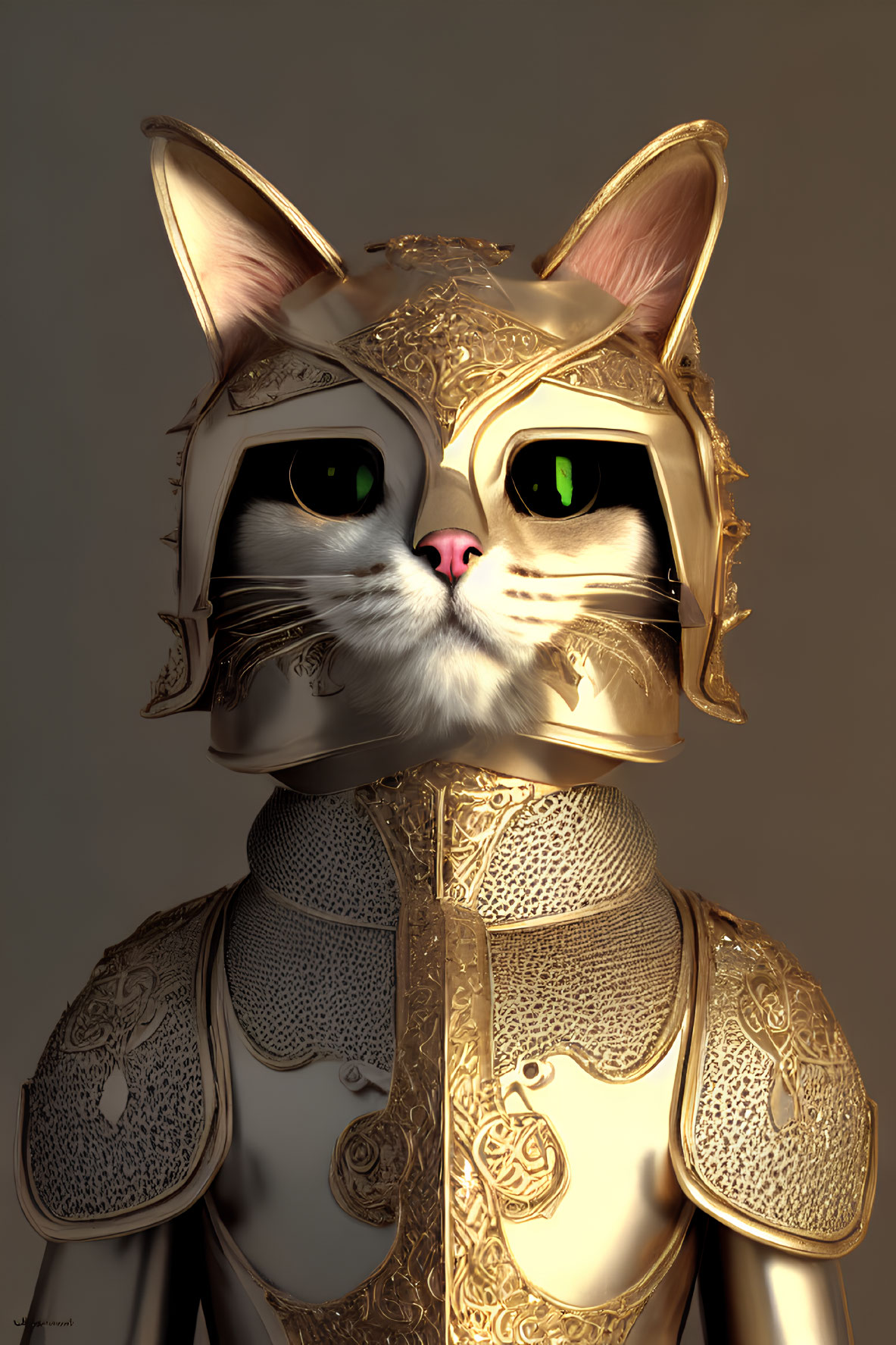 Digital Artwork of Cat in Golden Armor with Green Eyes