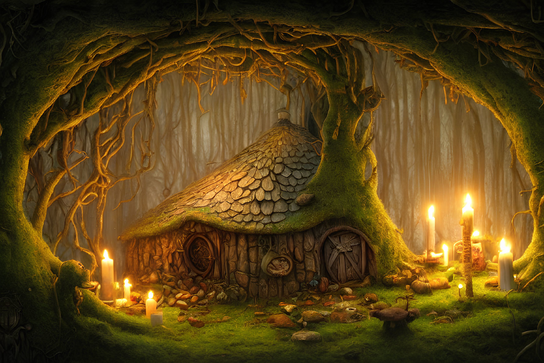 Enchanting forest cottage with thatched roof and candles nestled under tree roots