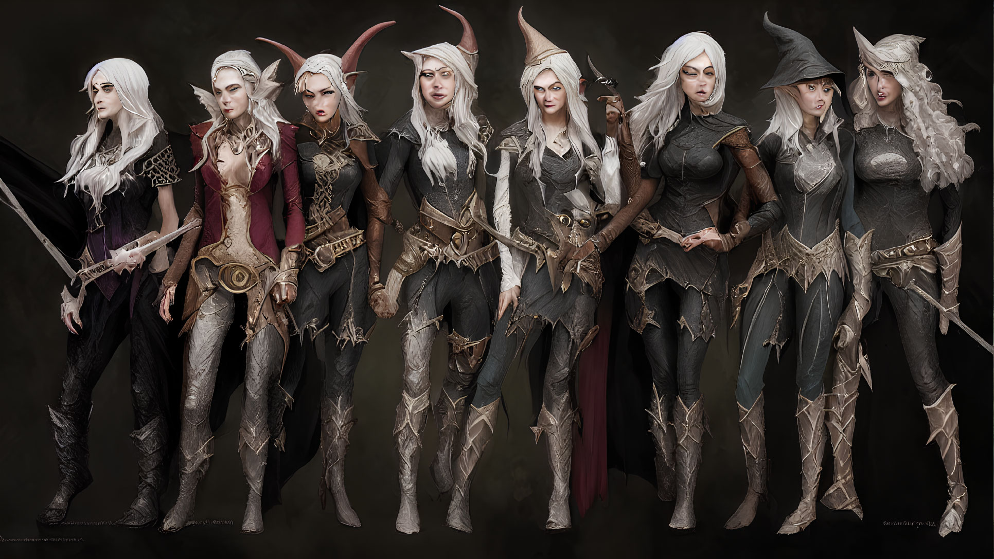 Eight fantasy elf characters in black, gray, and brown outfits and hairstyles with pointed ears.