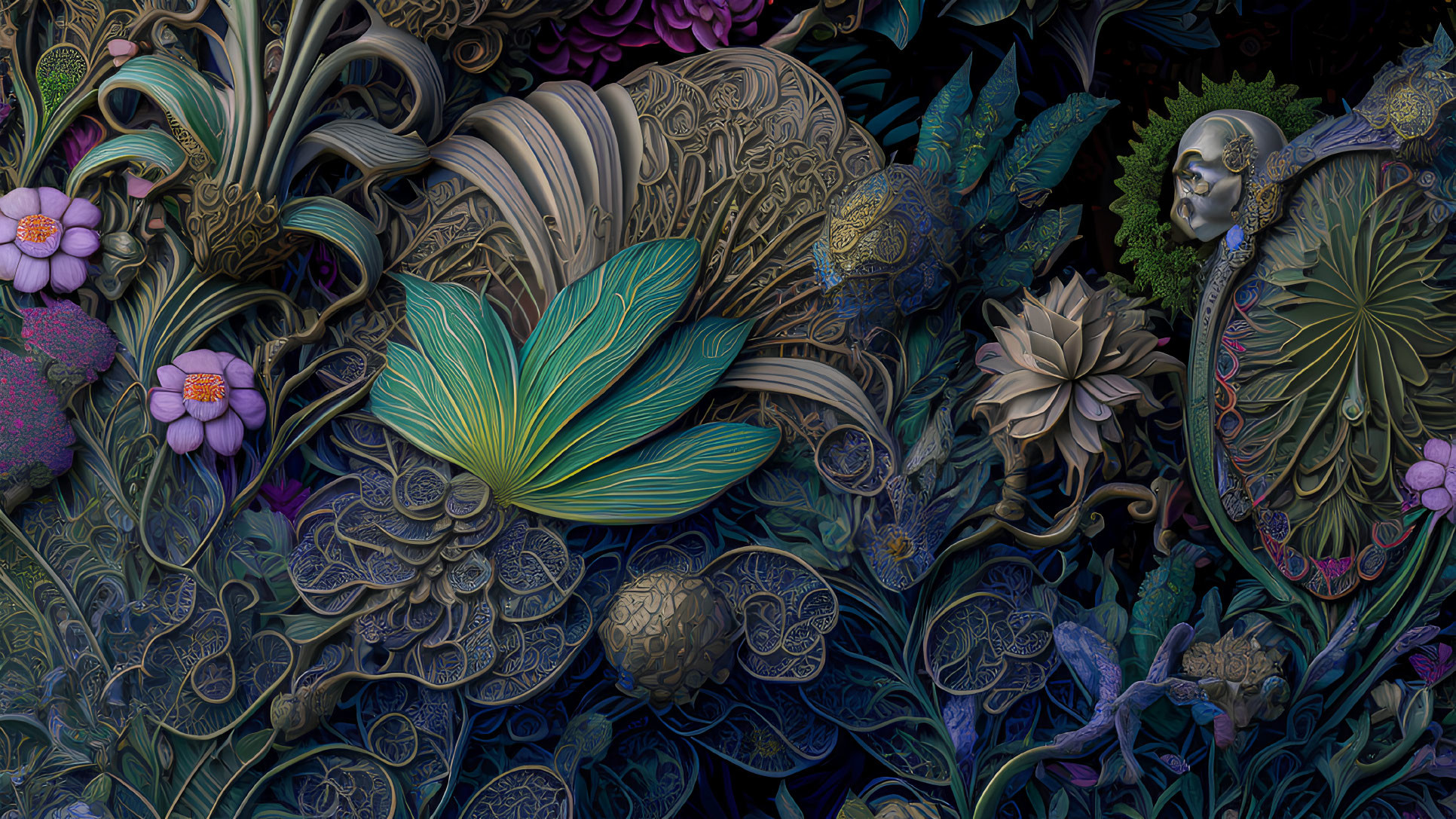 Colorful Artwork: Botanical Elements & Stylized Face with Mystical Vibe