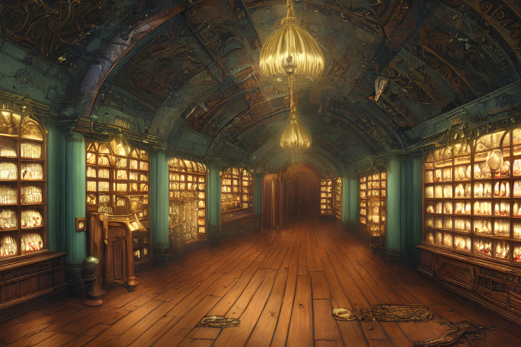 Vintage library with arched ceilings, golden chandeliers, and walls of books