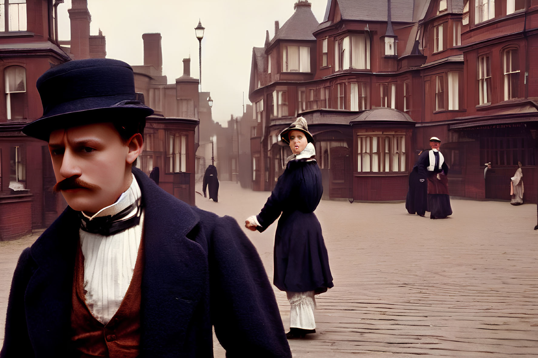 Victorian-era street scene with period costumes and classic architecture