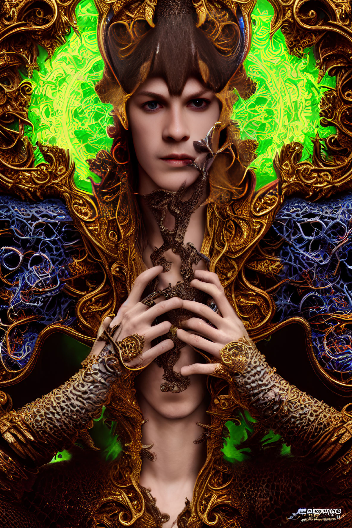 Elaborate Fantasy Attire with Gold Armor and Fractal Background