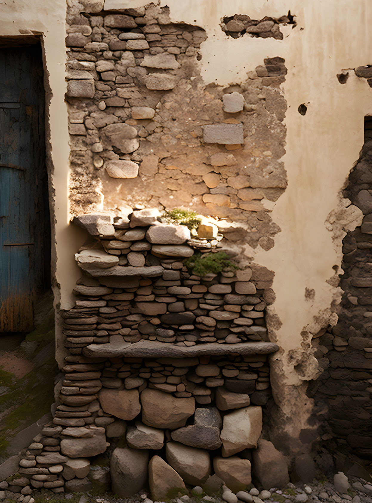 Rustic stone staircase by weathered wall in sunlit courtyard