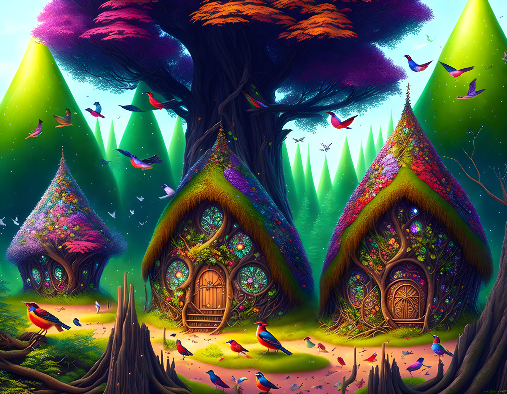 Vibrant fantasy forest with colorful trees and whimsical bird-shaped houses surrounded by fluttering birds