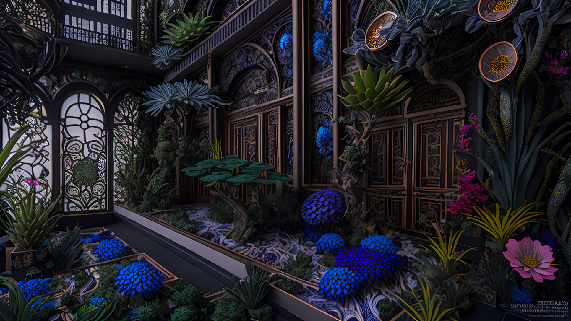 Intricately designed indoor garden with blue plants and ornate metalwork