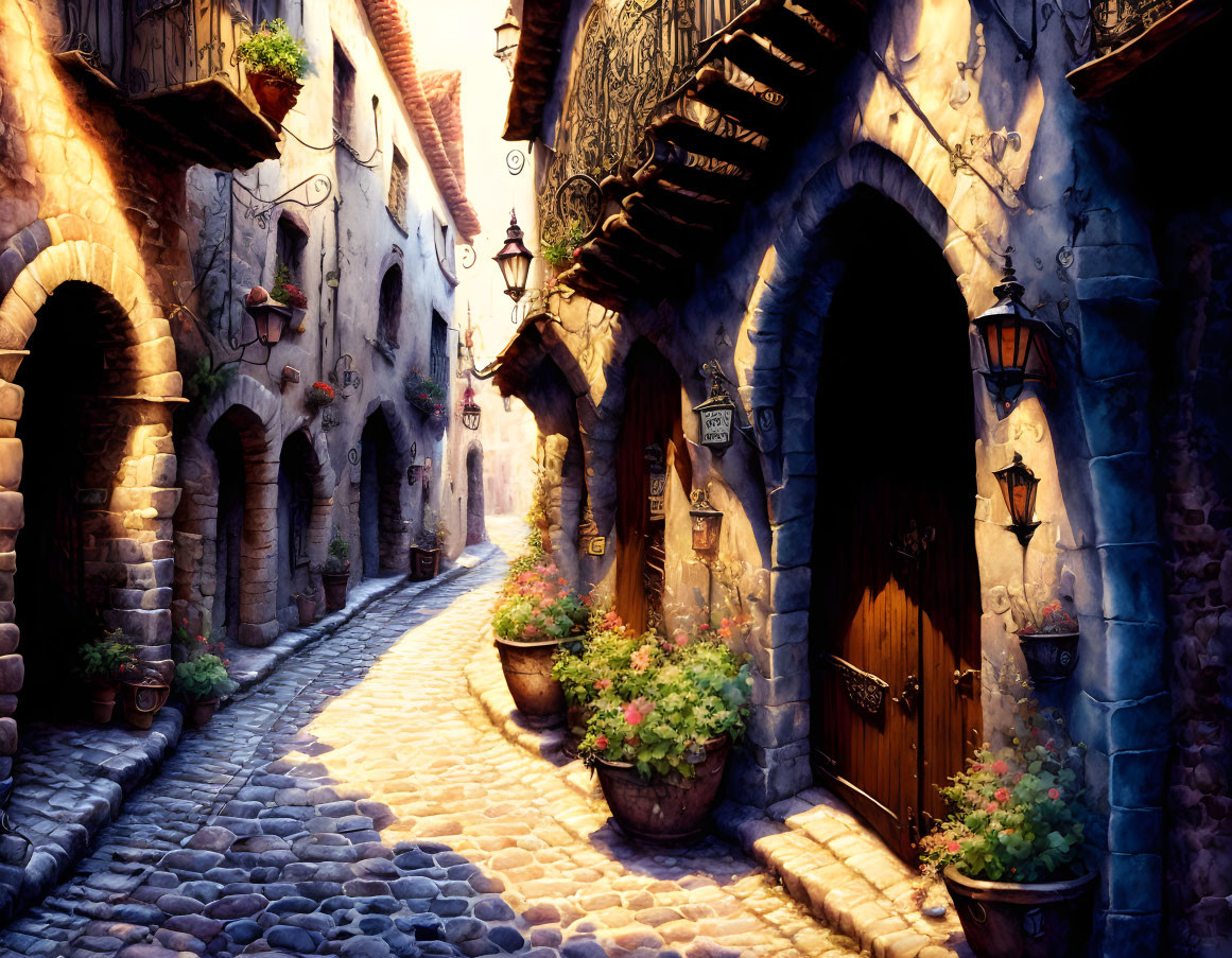 Quaint cobblestone alleyway with stone buildings, colorful flowers, and vintage lanterns