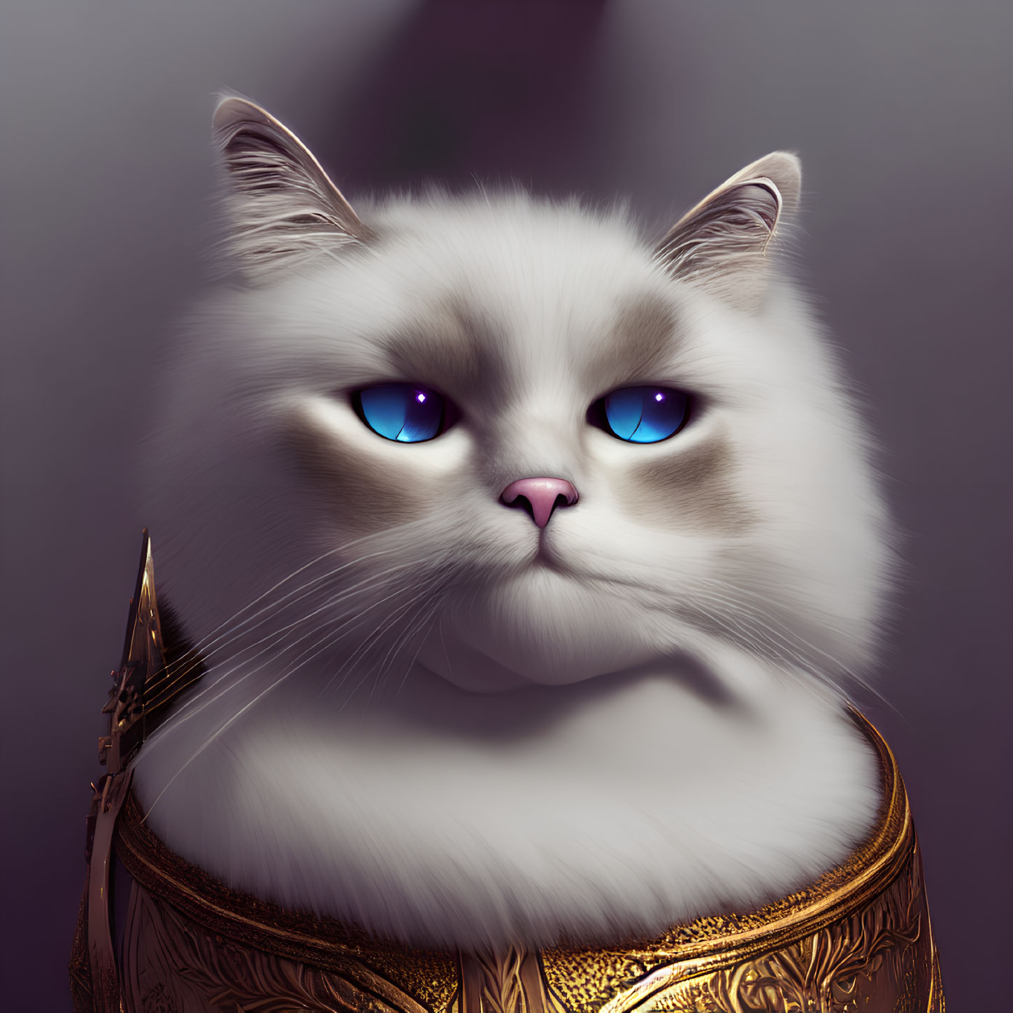 Regal white cat with blue eyes in gold armor art