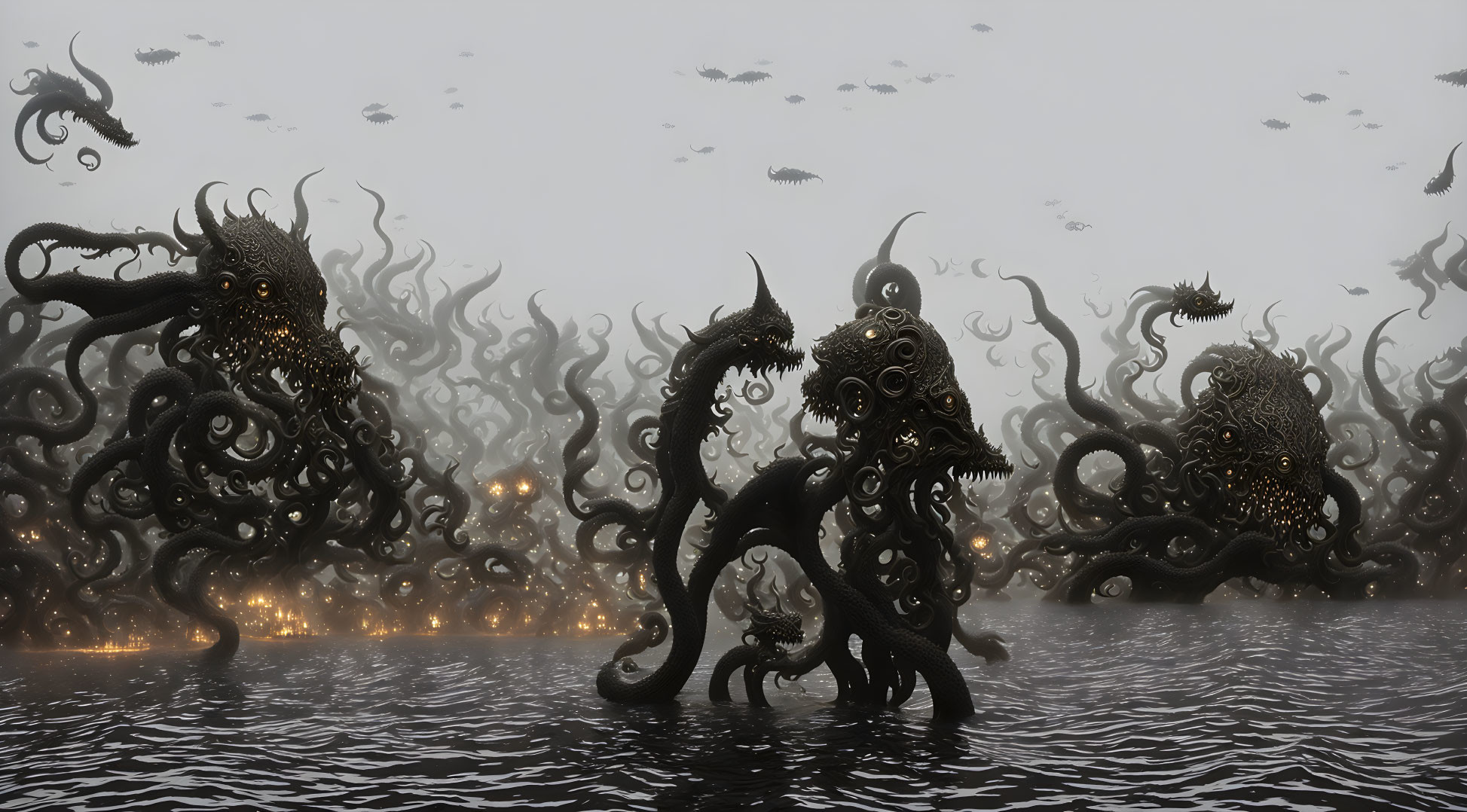 Surreal dark scene: monstrous tentacled creatures in misty water under ominous sky