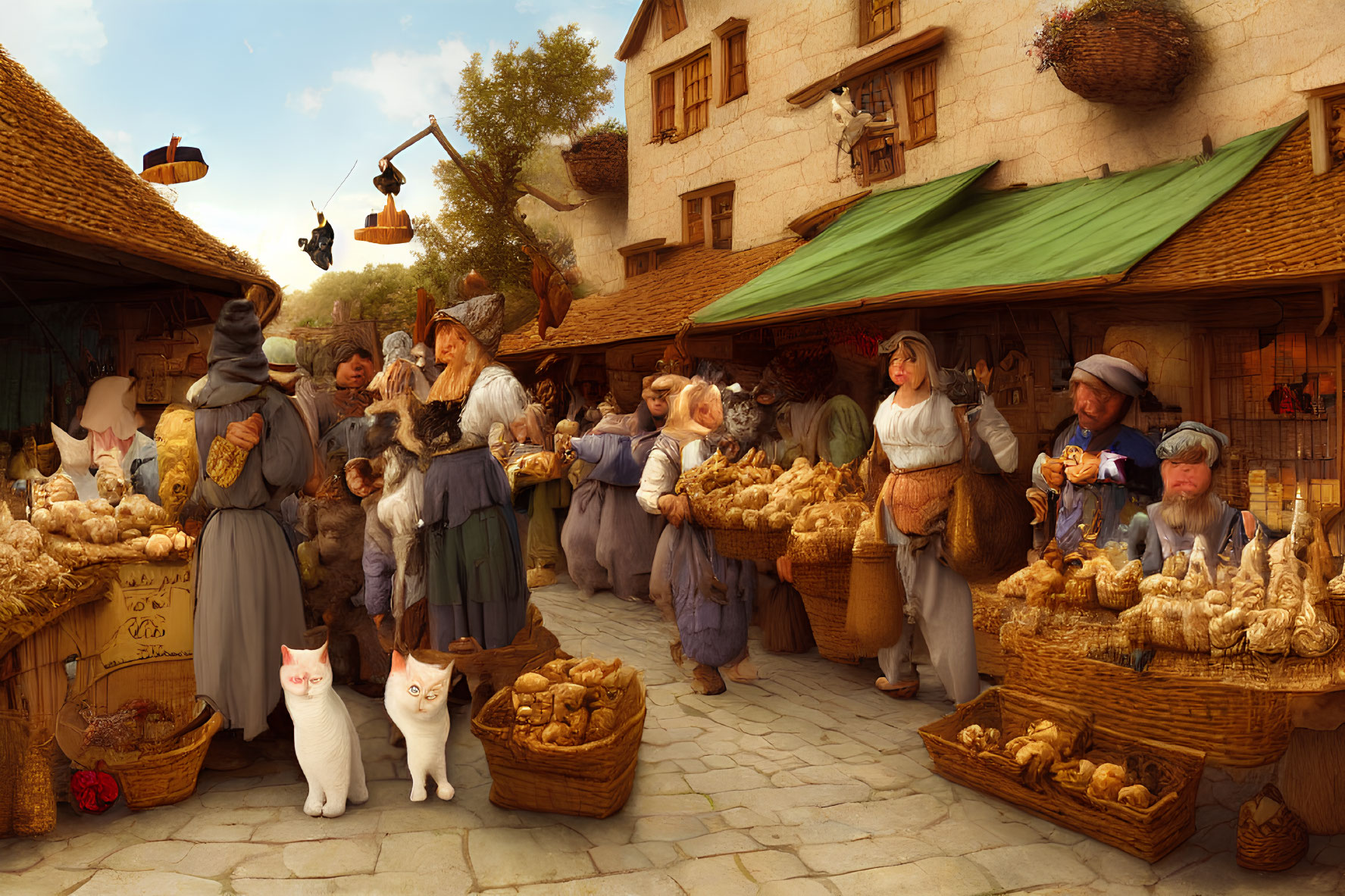 Historical market scene with people shopping among bread stalls and cats.