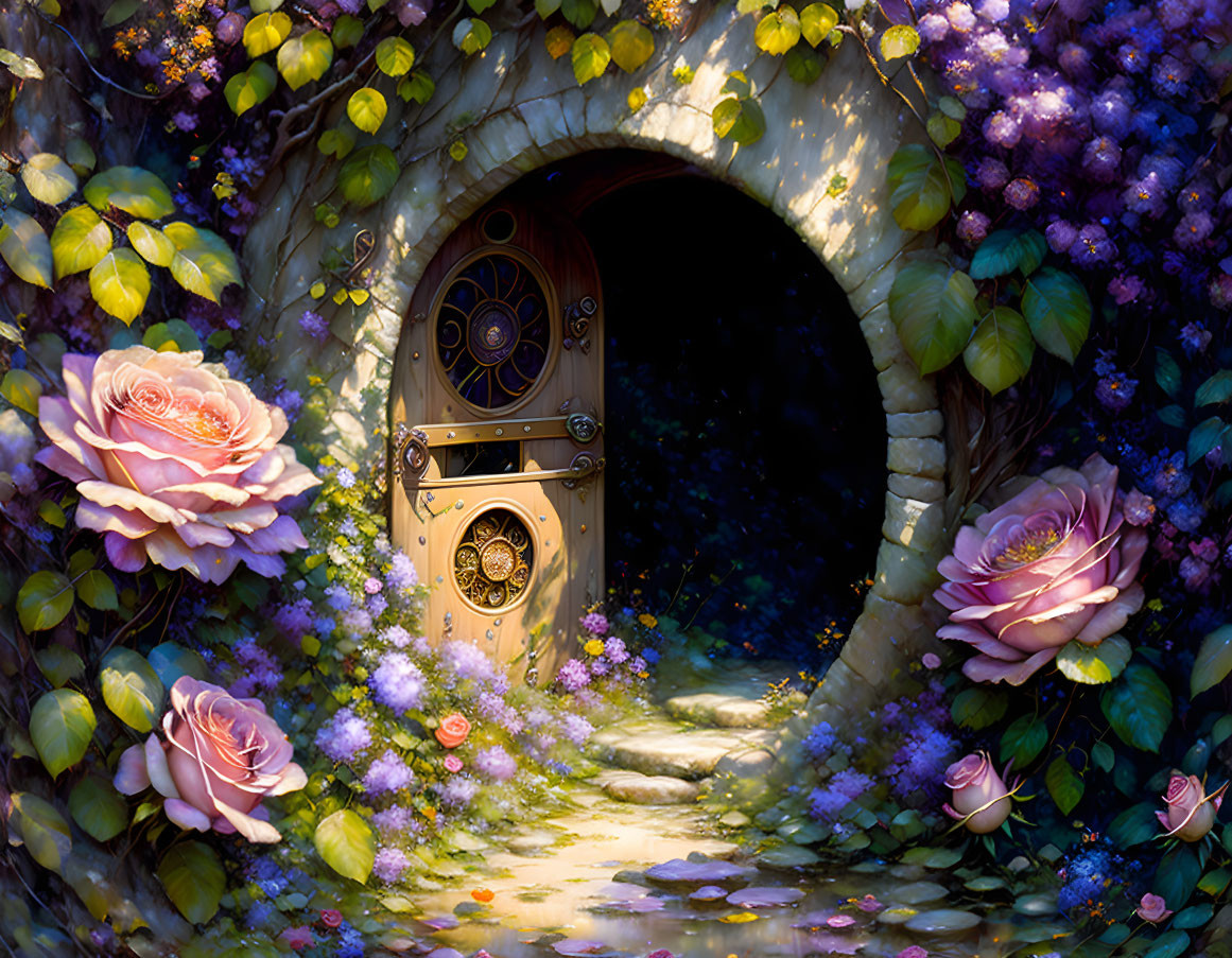 Circular Floral Arch Doorway Surrounded by Vibrant Flowers