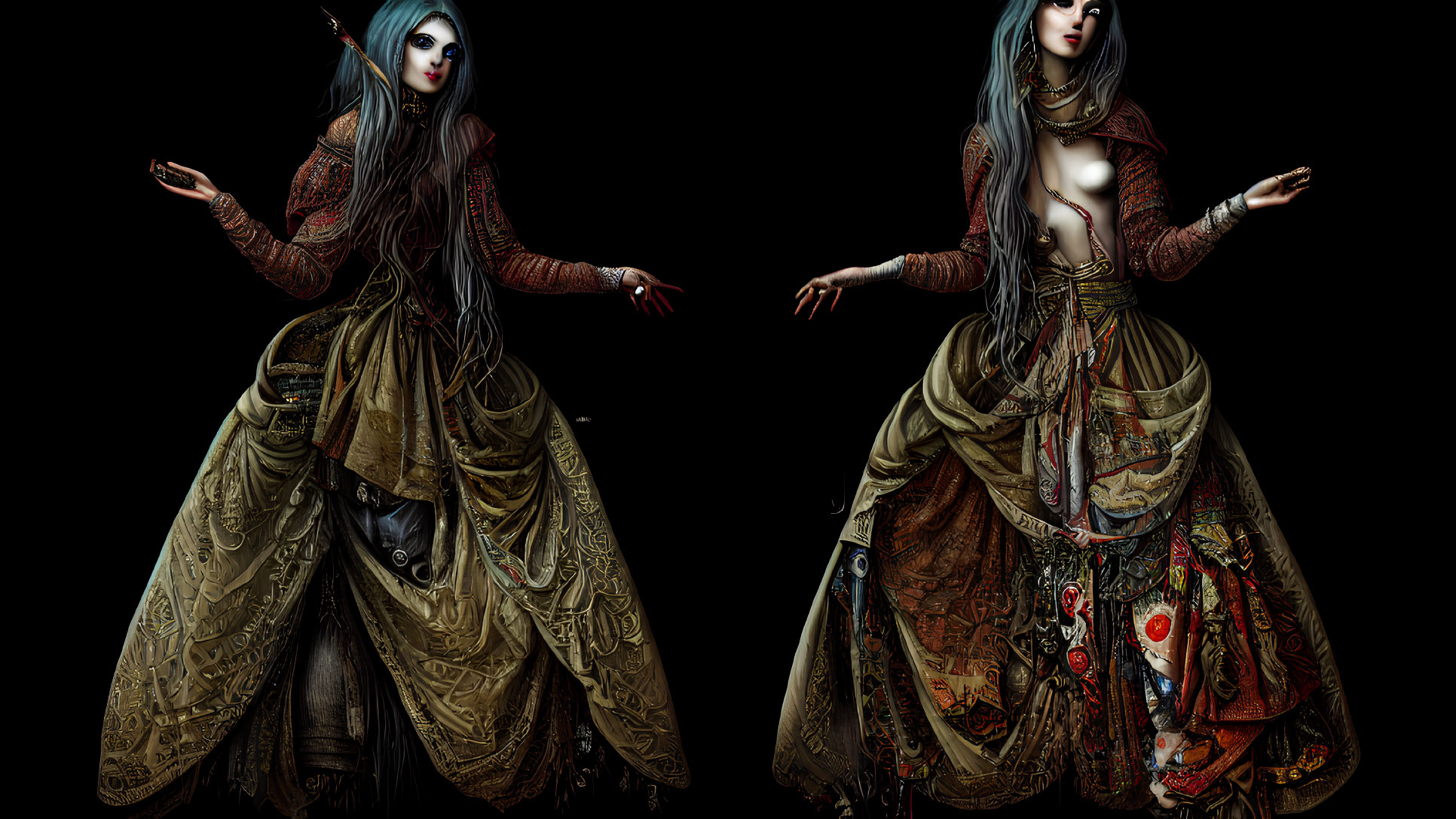 Detailed Gothic Fantasy Female Characters in Ornate Dresses on Black Background