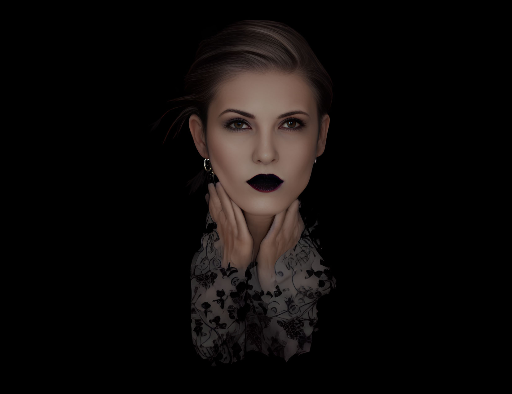 Dark lipstick woman with hands on cheeks in lace top on black background