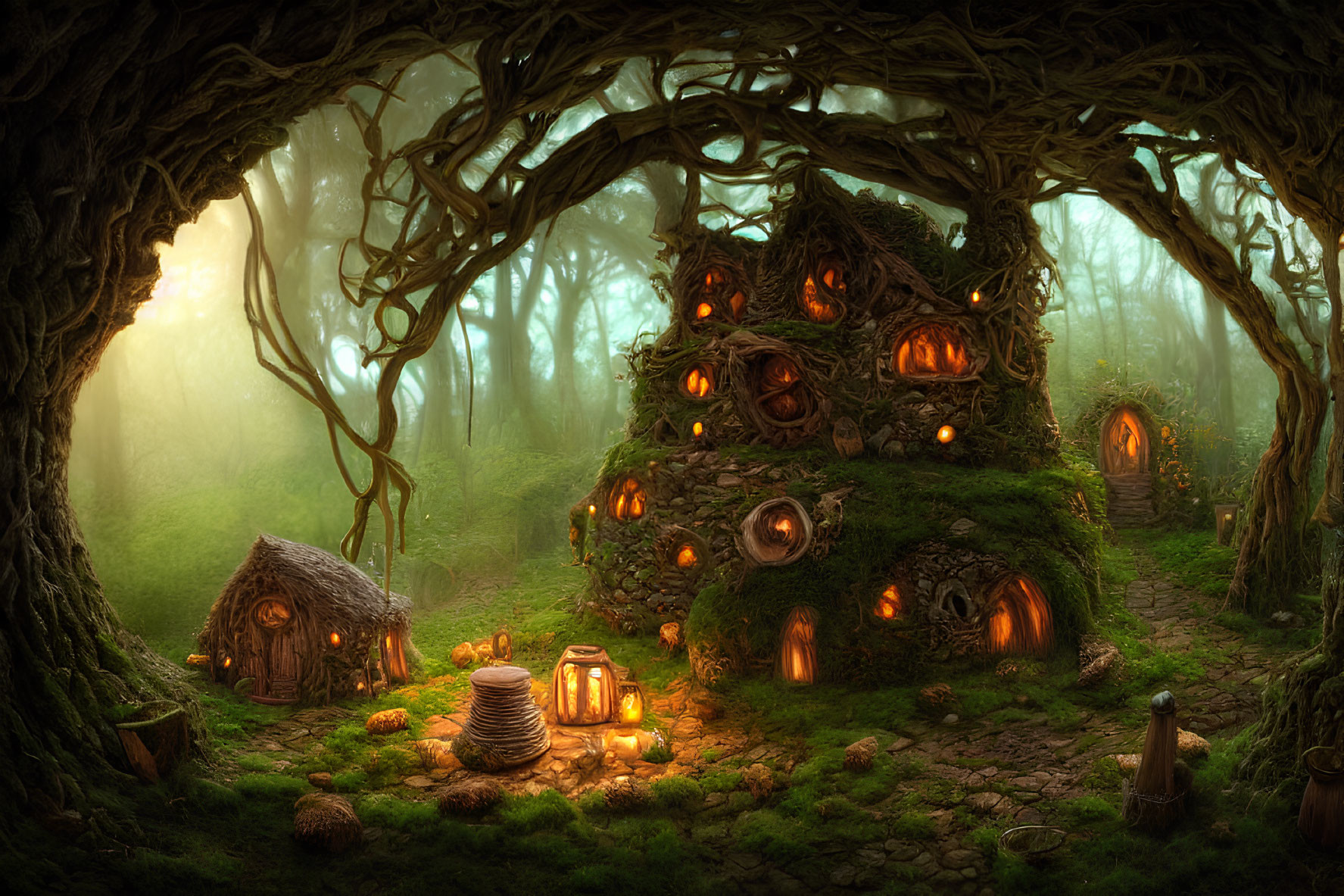 Whimsical forest scene with glowing treehouses and misty ambiance