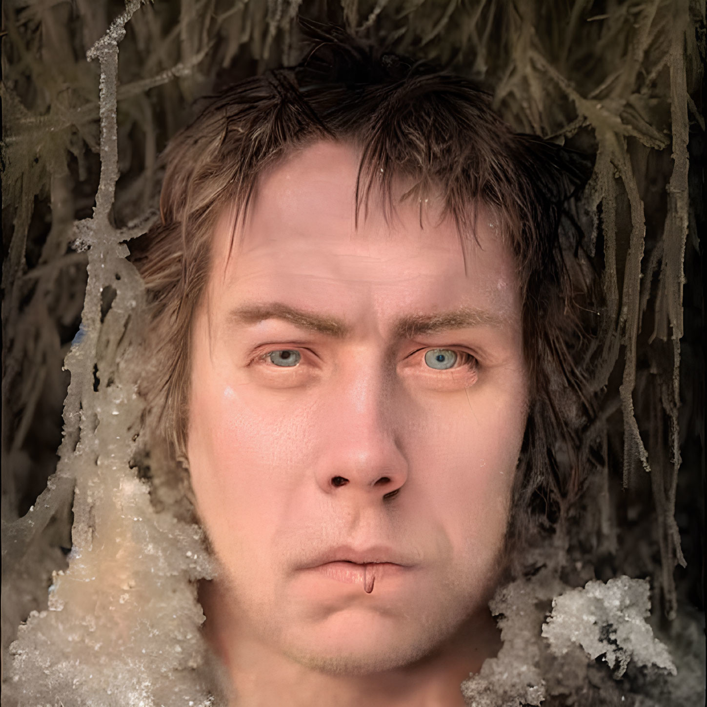 Person with hazel eyes, nose ring, and damp hair peeking through icicle-covered branches