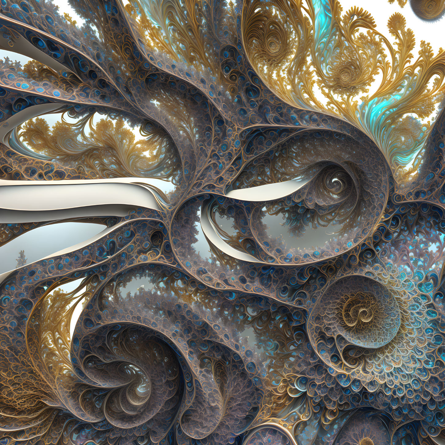 Intricate Spiral Fractal Art: Blue, Gold, Bronze Colors