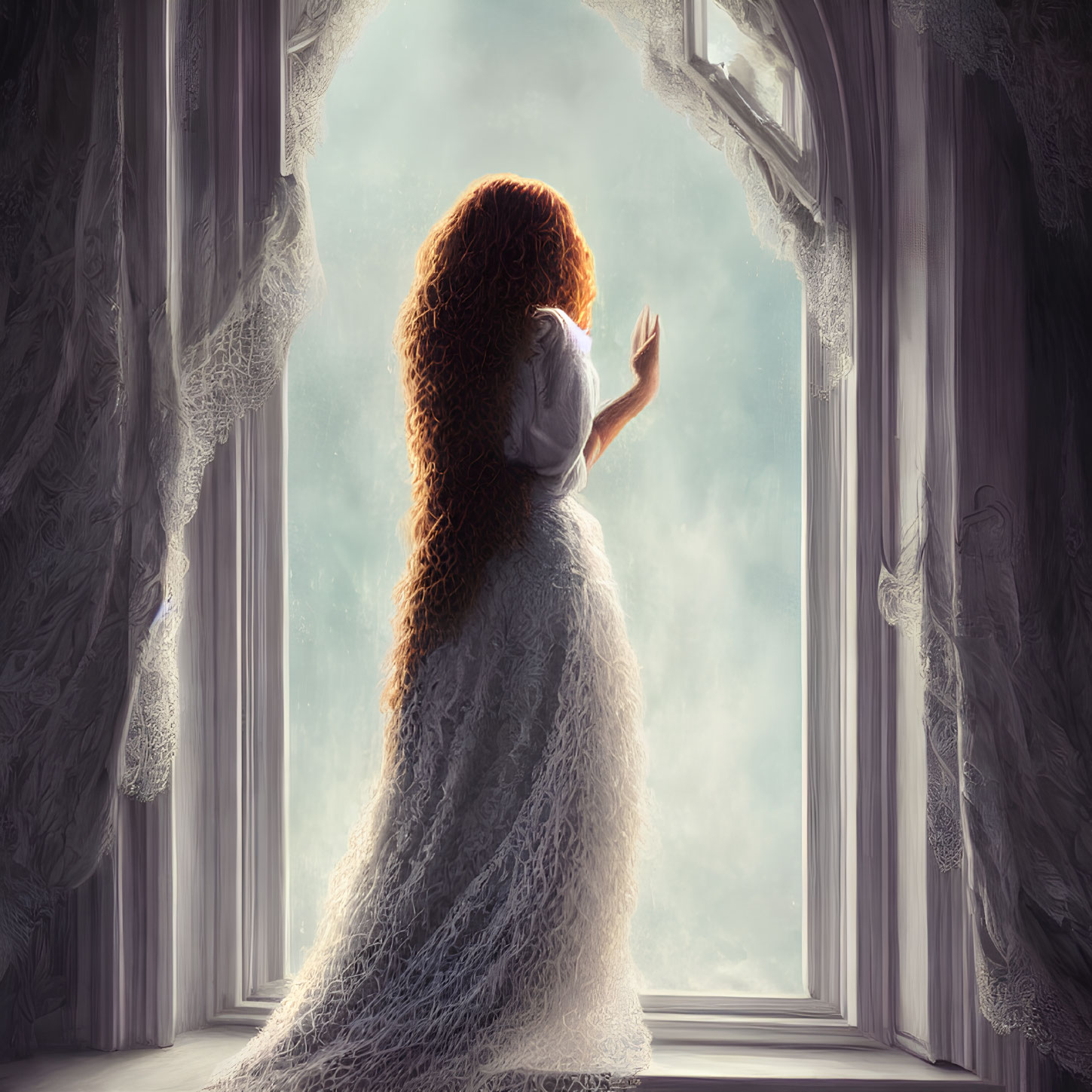 Curly Red-Haired Woman in White Dress Looking out of Open Window with Lace Curtains