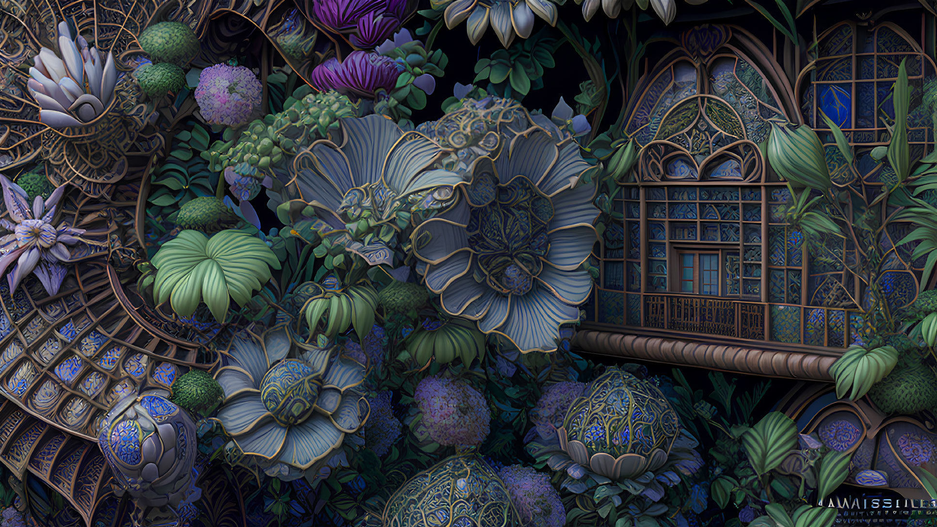 Intricate fantasy scene with lush flora, ornate globes, whimsical balcony, vibrant backdrop