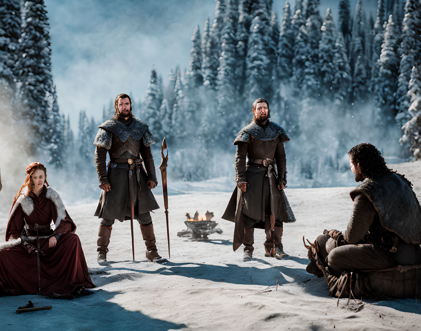 Medieval characters in snowy landscape with campfire