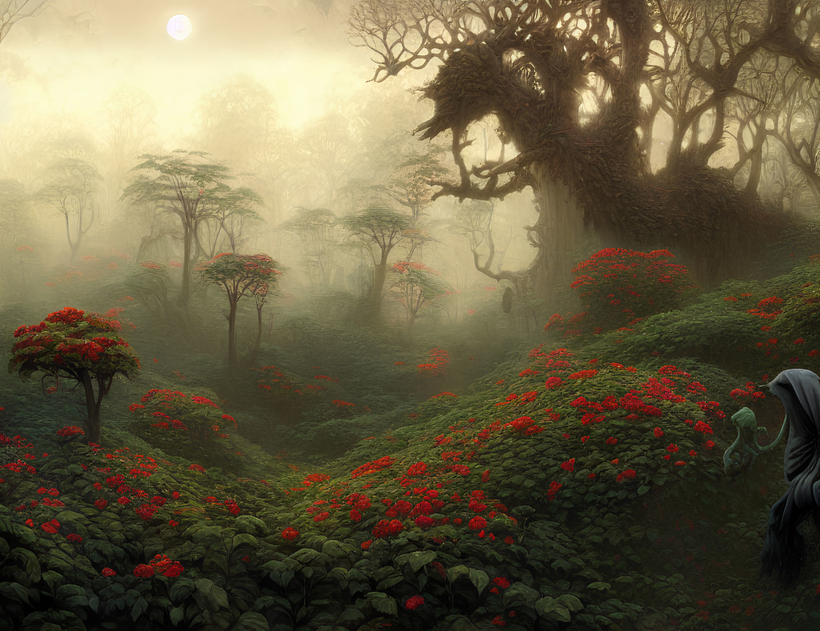 Mystical foggy forest with red-flowered bushes and cloaked figure