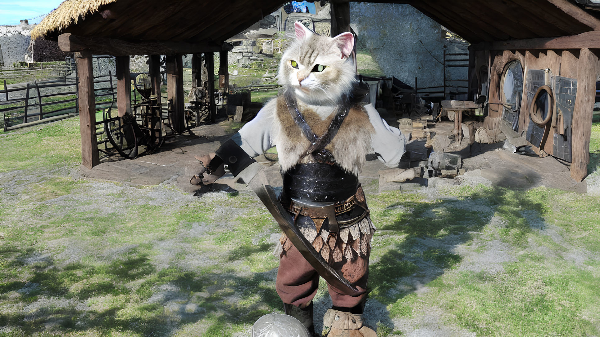 Cat in medieval blacksmith attire at forge yard