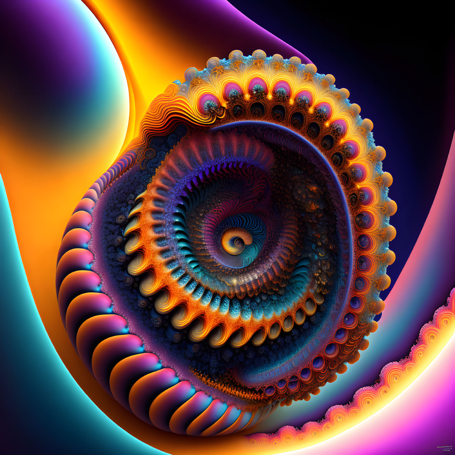 Colorful Fractal Spiral Art in Orange, Purple, and Blue Hues