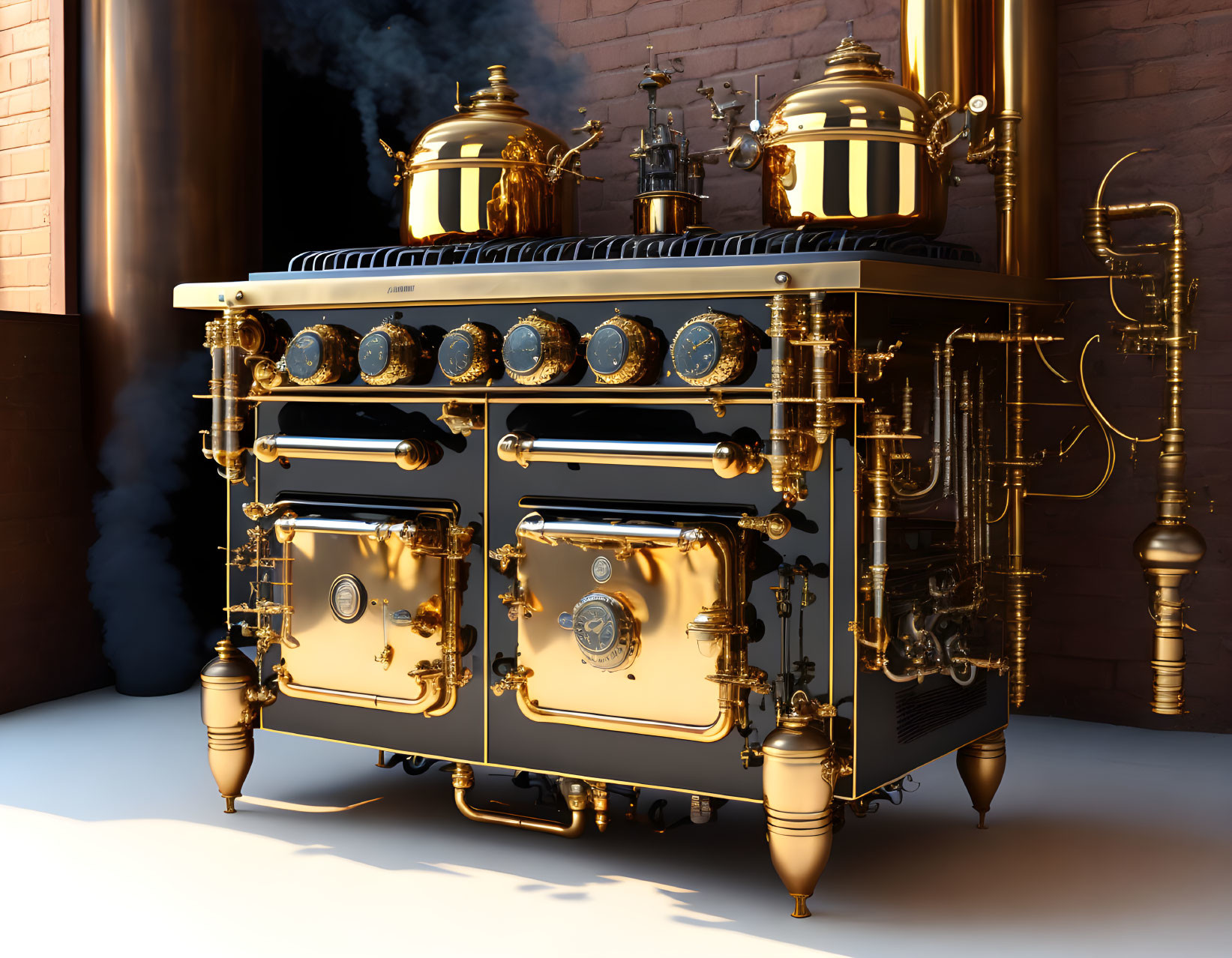 Steampunk-style kitchen stove with brass detailing and steam against brick wall