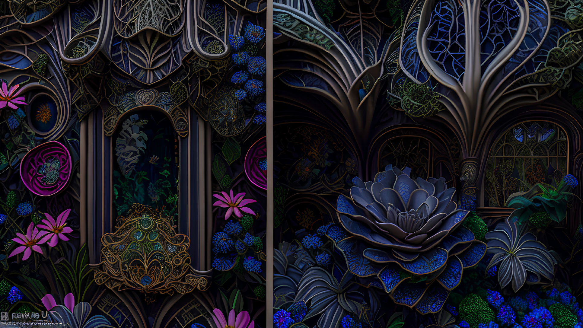 Detailed Gothic Artwork with Botanical Motifs in Deep Blue and Purple