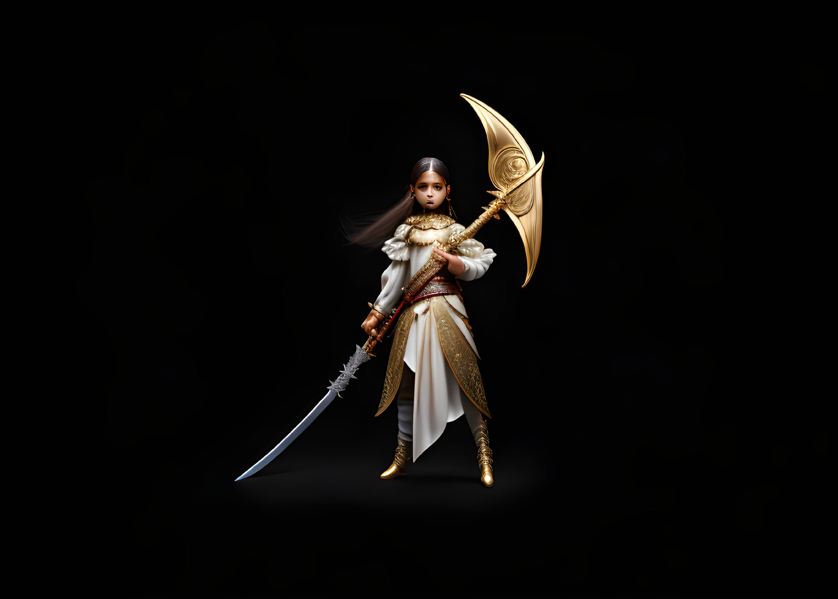 Female warrior in white and gold armor with sword and shield on dark background