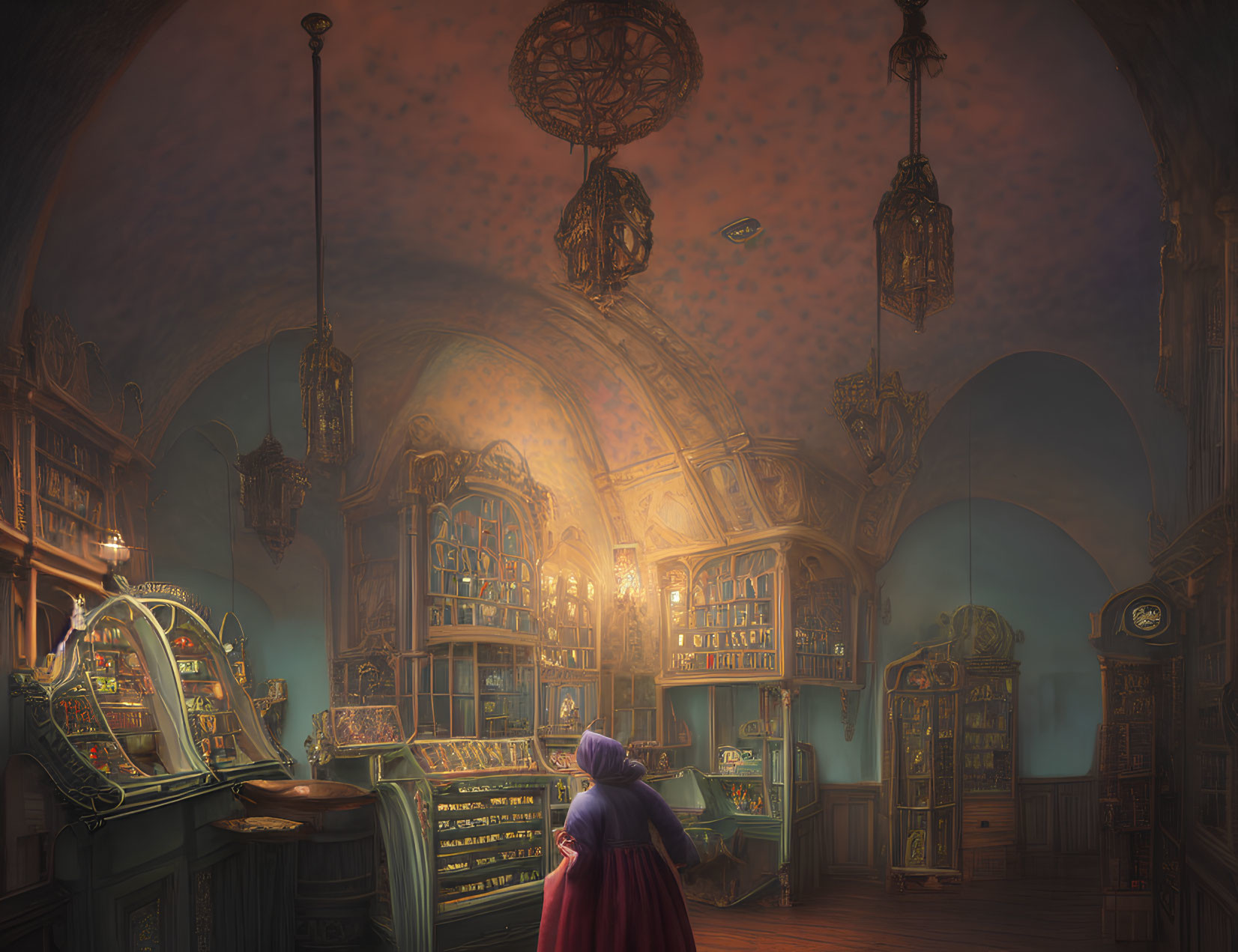 Person in purple cloak explores ancient library with books and artifacts